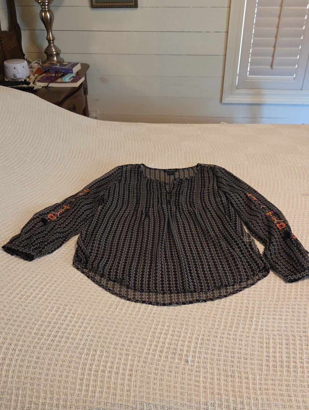 Lucky Brand Black Patterned Tunic with Orange Pink Embroidery